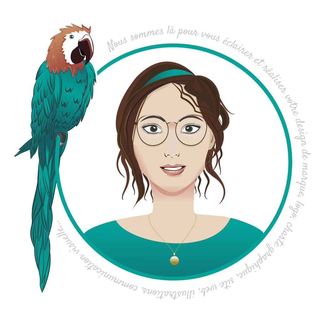 Dessin de mon visage accompagné d'un perroquet entouré d'un texte : Nous sommes là pour vous éclairer et réaliser votre design de marque, logo, charte graphique, site web, illustrations...