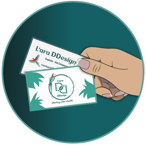 Dessin pour Illustration et print : une main tenant une carte de visite recto/verso.